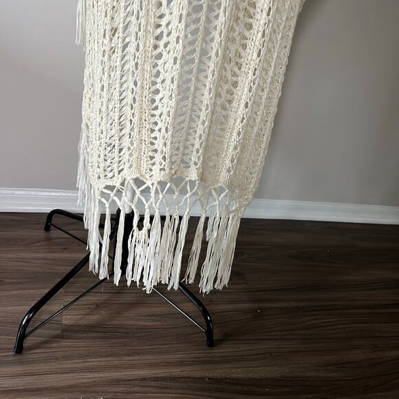 Cream Fringe Knit Crochet Long Cardigan Sweater Sz M/L Boho Coverup - Picture 4 of 8